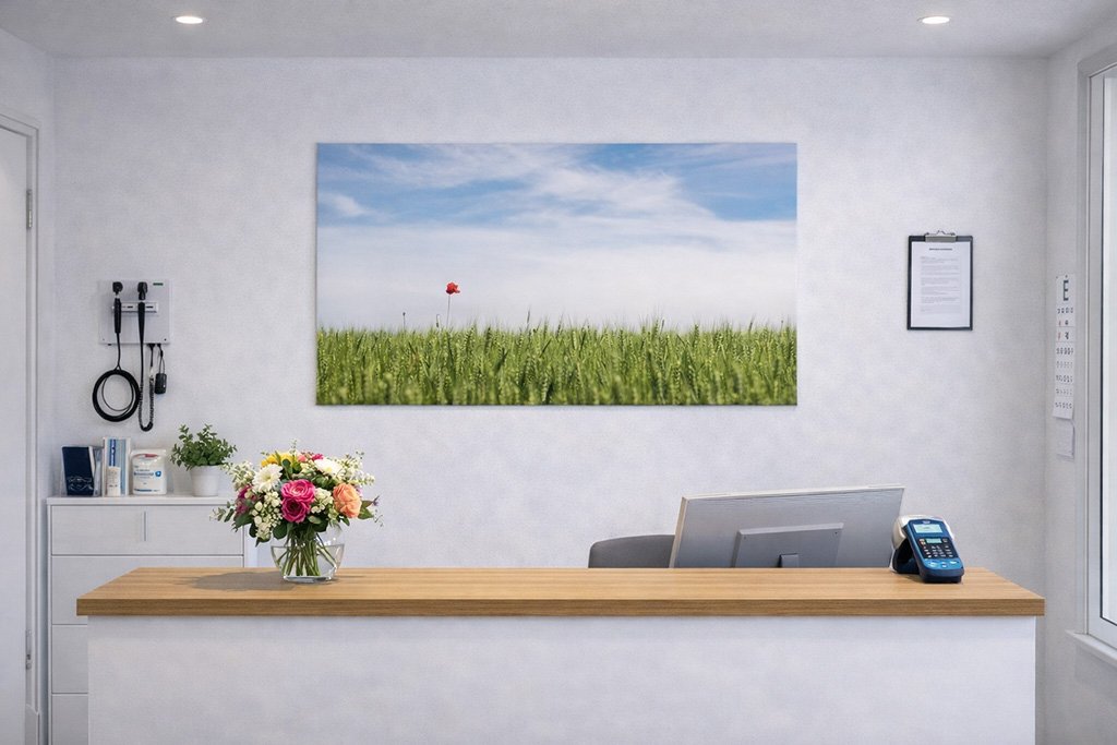 Praxisbild als großformatiges Aludibond im Empfangsbereich einer Arztpraxis