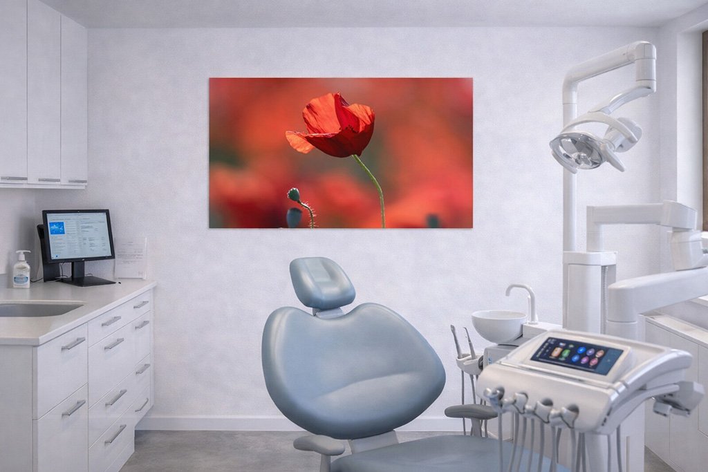 Ruhiges Bild mit Blumenmotiv im Zahnarztzimmer für Arzpraxen in München