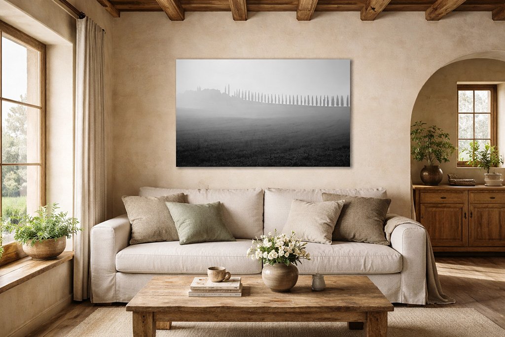 Schwarz-weiß Wandbild als Fotokunst in einem gemütlichen Wohnraum