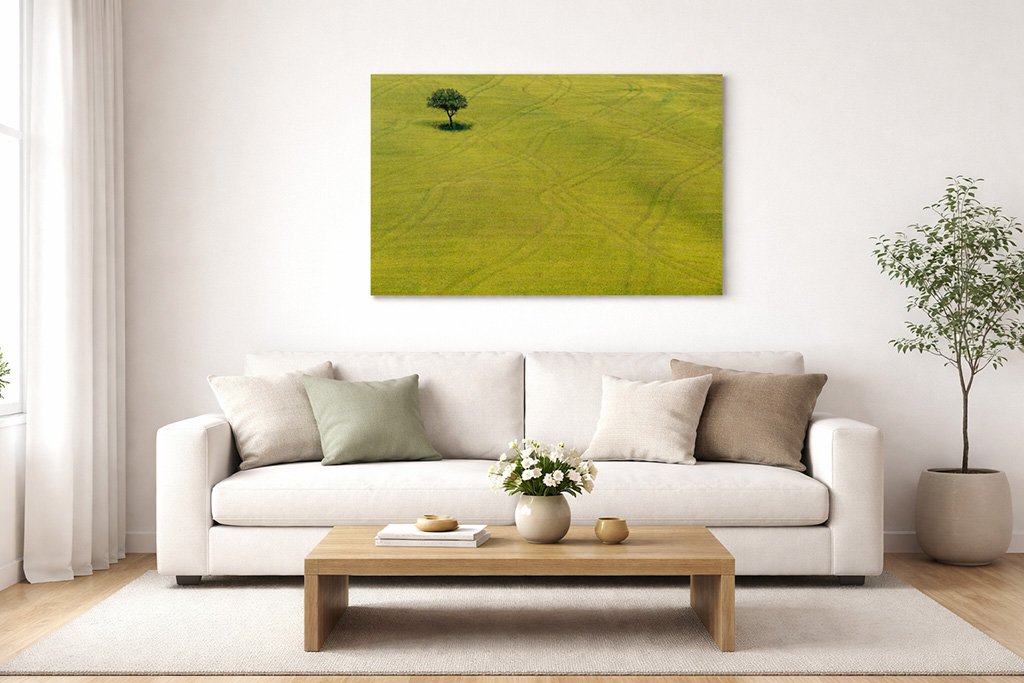 Wandbild mit ruhiger, minimalistischer Landschaftsfotografie in einem modernen Wohnzimmer