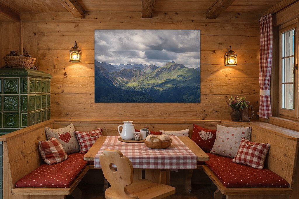 Fotografisches Wandbild in Galeriequalität in einem rustikalen Wohnambiente
