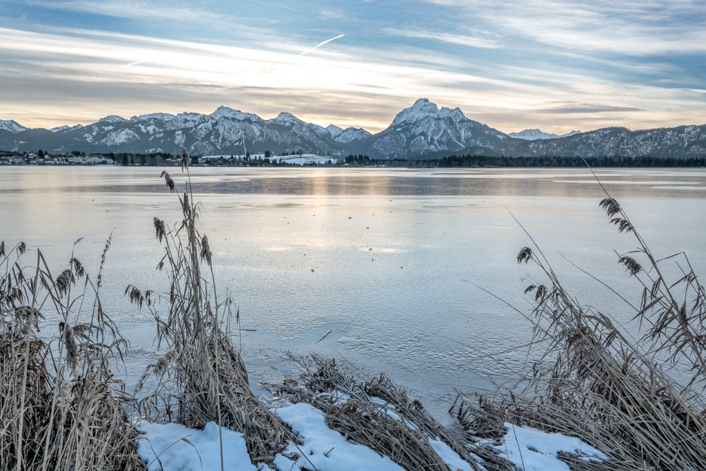 Roland Seichter Fotografie - Einzigartige Wandbilder - Landschaftsfotografie - Blick über den gefrorenen Hopfensee auf die Allgäuer Alpen