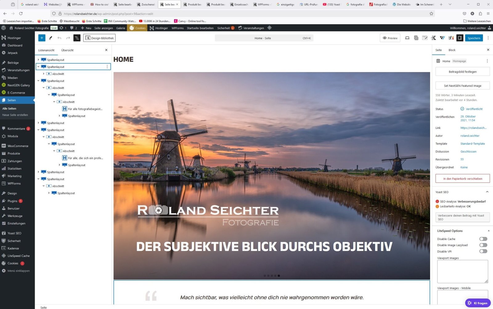 Roland Seichter Fotografie - Fotografische Dienstleistungen - Pronzipbild eines WordPress-Dashboards in dem gerade eine Seite zur Bearbeitung steht.