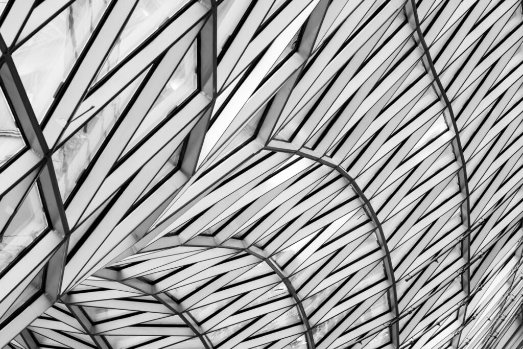 Abstrakte Schwarz-Weiß-Fotografie eines gewölbten Glasdachs mit fächerförmig verlaufenden Stahlstreben und geometrischen Glassegmenten