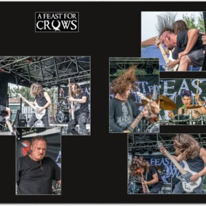 Layout-Musterseite aus dem Forest Metal Fest Booklet: Dynamische Doppelseite mit mehreren Live-Shots und Headbanging-Action der Band A Feast for Crows auf der Festivalbühne. Fotografie von Roland Seichter.