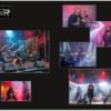 Layout-Musterseite aus dem Fotobuch des Forest Metal Festivals: Eine Doppelseite der Band Folkheim mit atmosphärischen Konzertfotos, Nebel-Effekten und farbigem Bühnenlicht.