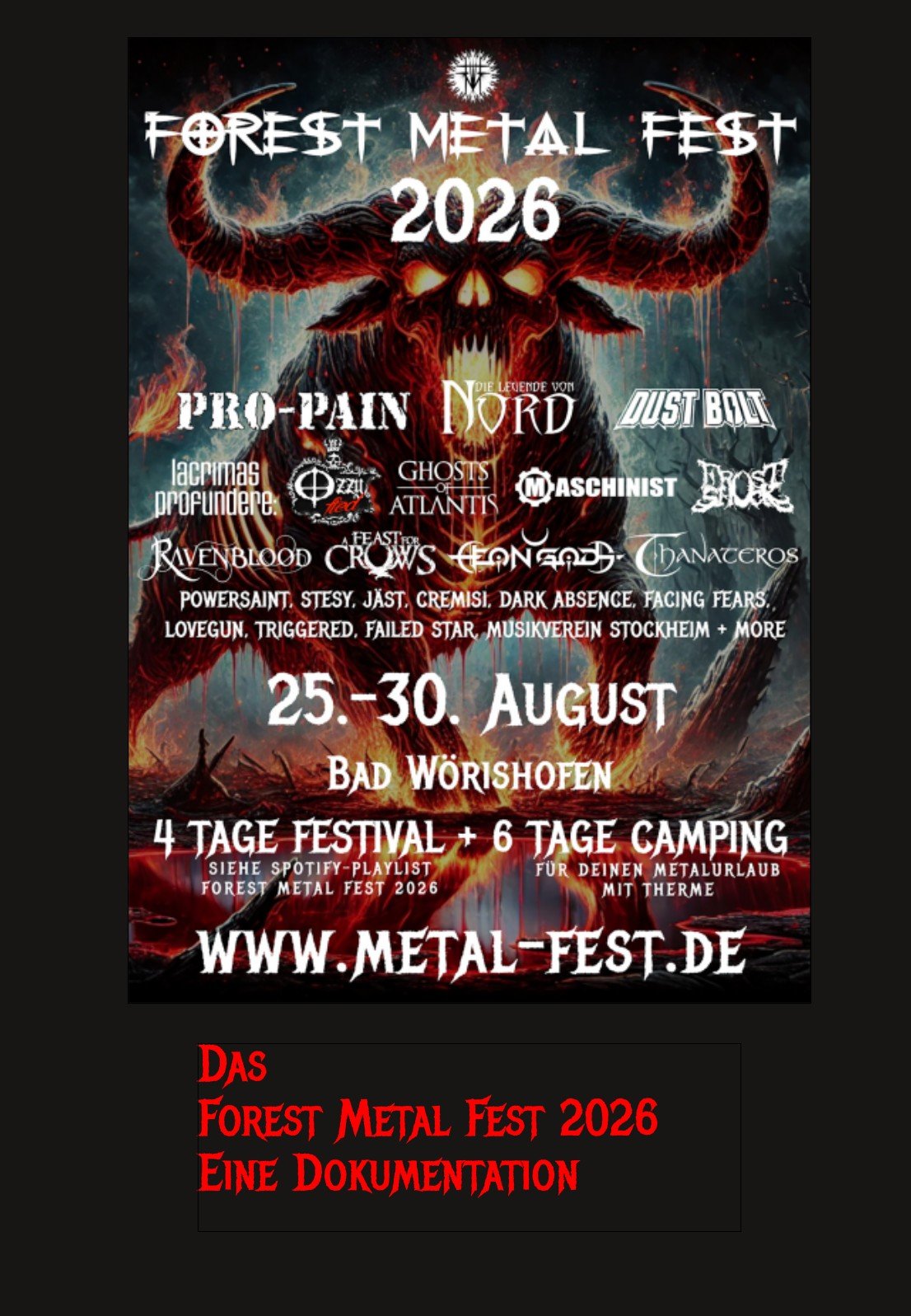 Das offizielle Cover des Photo-Booklets 'Das Forest Metal Fest 2026 - Eine Dokumentation'. Das Poster-Motiv zeigt eine große, feurige Teufelsfratze mit Hörnern, umgeben von Flammen. Oben steht 'FOREST METAL FEST 2026'. Darunter sind zahlreiche Bandlogos wie Pro-Pain, Nord, Dust Bolt und Lacrimas Profundere zu sehen, sowie das Datum '25.-30. AUGUST' und der Veranstaltungsort 'BAD WÖRISHOFEN'. Ganz unten steht die Website 'WWW.METAL-FEST.DE'.