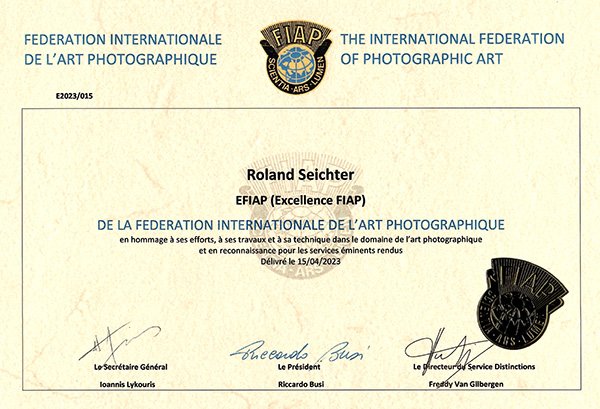 EFIAP-Ernennungsurkunde von Roland Seichter – Excellence FIAP 2023