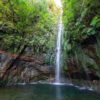 Das Wandbild 25 Fontes zeigt den berühmten Wasserfall auf Madeira, der über moosbewachsene Klippen in eine smaragdgrüne Lagune stürzt