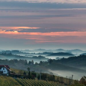 Das Wandbild Sonnenaufgang in der Steiermark zeigt eine weite Panorama-Ansicht herbstlicher Weinberge im ersten Morgenlicht mit sanften Nebelschleiern in den Tälern.