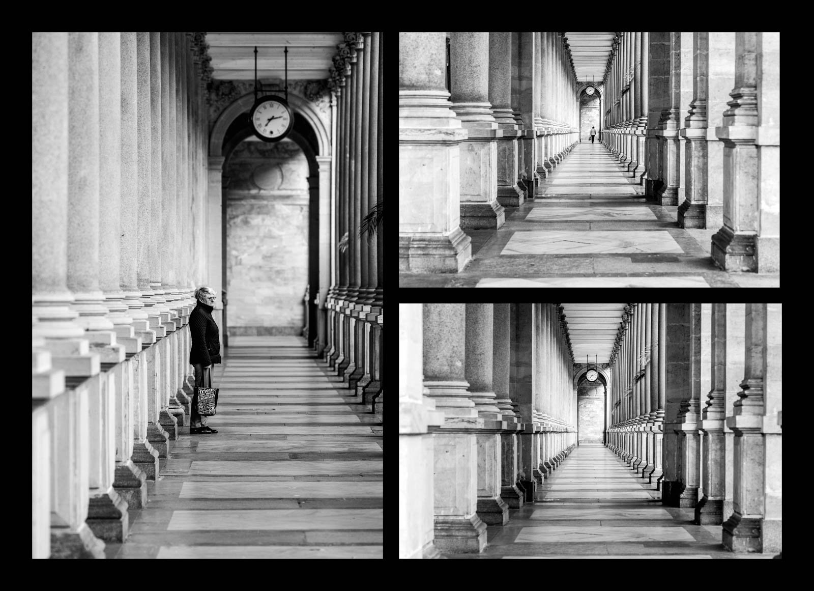 Dreiteiliges Fotokunst-Werk in Schwarz-weiß, das eine Frau wartend unter einer Uhr und den leeren Säulengang in verschiedenen Stadien zeigt.