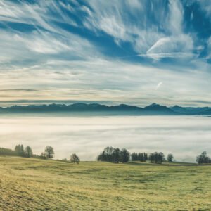 Das Wandbild Allgäuer Alpenblick zeigt eine weite Sicht über eine grüne Wiese auf ein dichtes Nebelmeer, aus dem im Hintergrund die markante Kette der Allgäuer Alpen unter einem dramatisch bewölkten Himmel hervorragt.