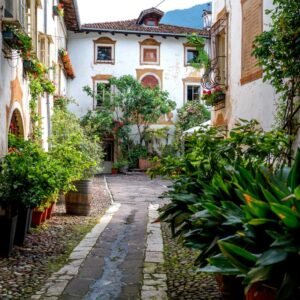 Das Wandbild Mediterraner Innenhof zeigt eine malerische italienische Gasse mit Kopfsteinpflaster, üppigen Grünpflanzen und historischen Fassaden im 3:2 Format.