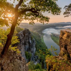 Das Wandbild Morning Sun zeigt den Blick von den Felsen der Bastei auf die Elbe, während die Morgensonne durch das Laub der Bäume bricht und den Nebel im Tal beleuchtet.