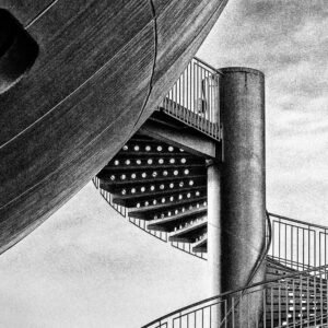 Das Wandbild Ufo zeigt eine abstrakte Schwarz-Weiß-Aufnahme einer futuristischen Wendeltreppe und einer kugelartigen Architektur im 3:2 Format.