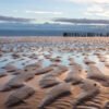 Das Wandbild Watt voraus zeigt die charakteristischen Wellenstrukturen im Sand bei Ebbe unter einem weiten Himmel mit einer Holzpfahl-Reihe am Horizont