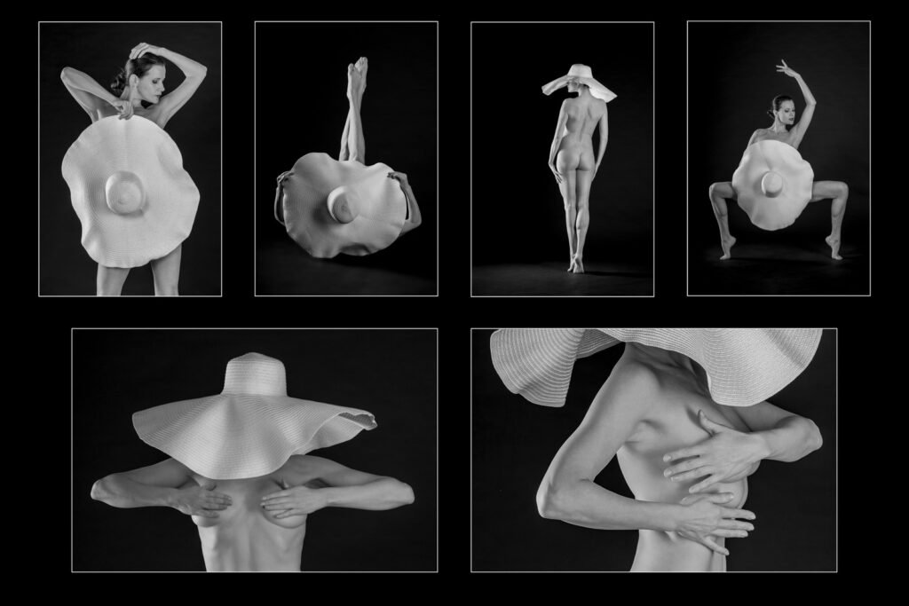 Ästhetische Schwarz-Weiß-Aktserie einer Frau mit großem hellen Sommerhut vor dunklem Hintergrund.