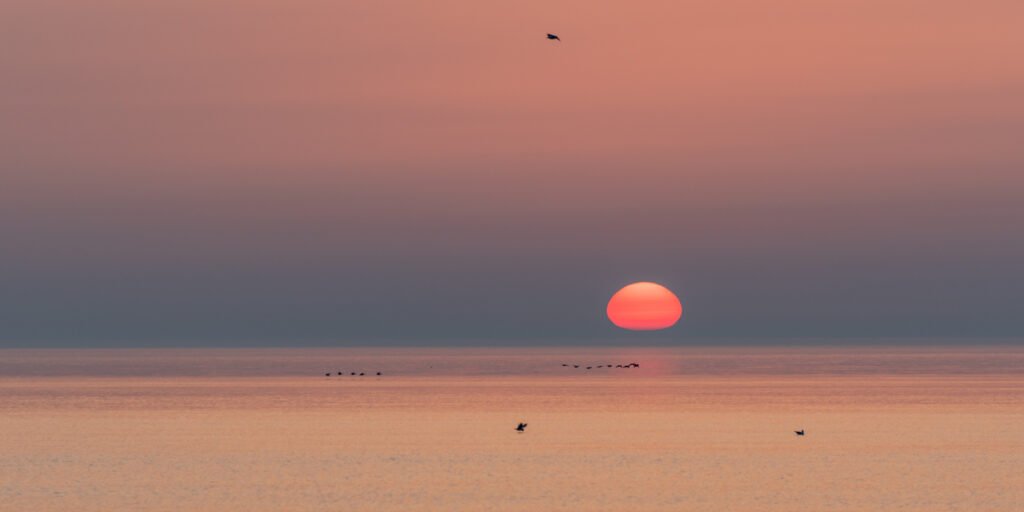 Minimalistische Naturaufnahme an der Nordsee: Rote Sonne im Dunst am Horizont bei wolkenlosem Himmel.