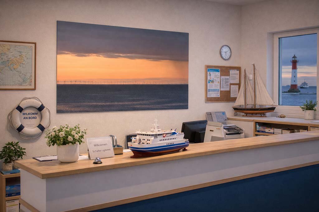 Das Wandbild "Windkraft" im Empfangsbereich einer Reederei zur Unterstreichung maritimer Kompetenz.