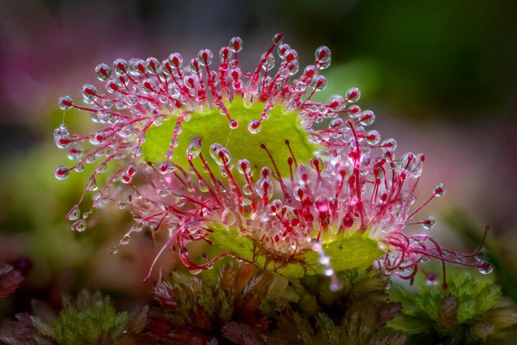 Makroaufnahme einer Sonnentau-Pflanze mit leuchtend roten Tentakeln und glitzernden Klebetropfen.