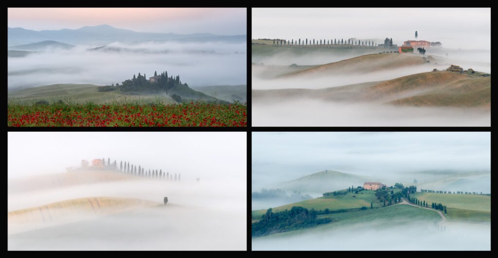 Vierteilige Collage nebliger Hügellandschaften in der Toskana mit typischen Zypressen.