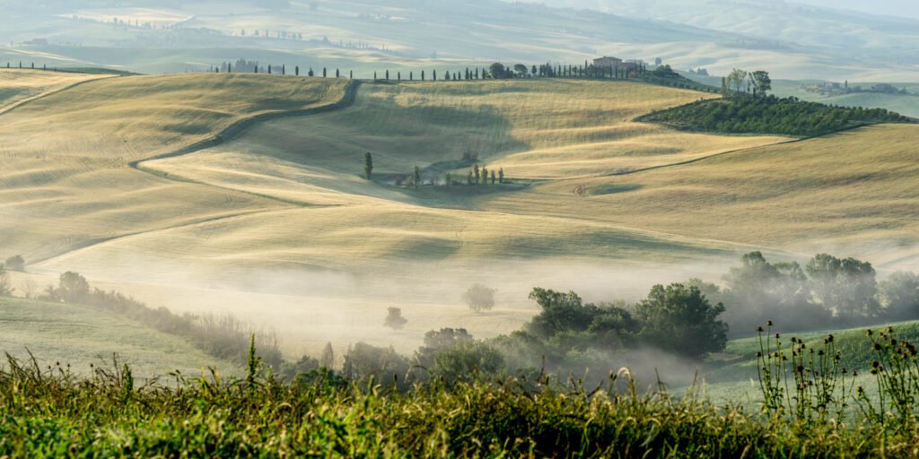 Ein weiter Blick über nebelverhangene Täler der Toskana, fotografiert durch Gräser im Vordergrund.