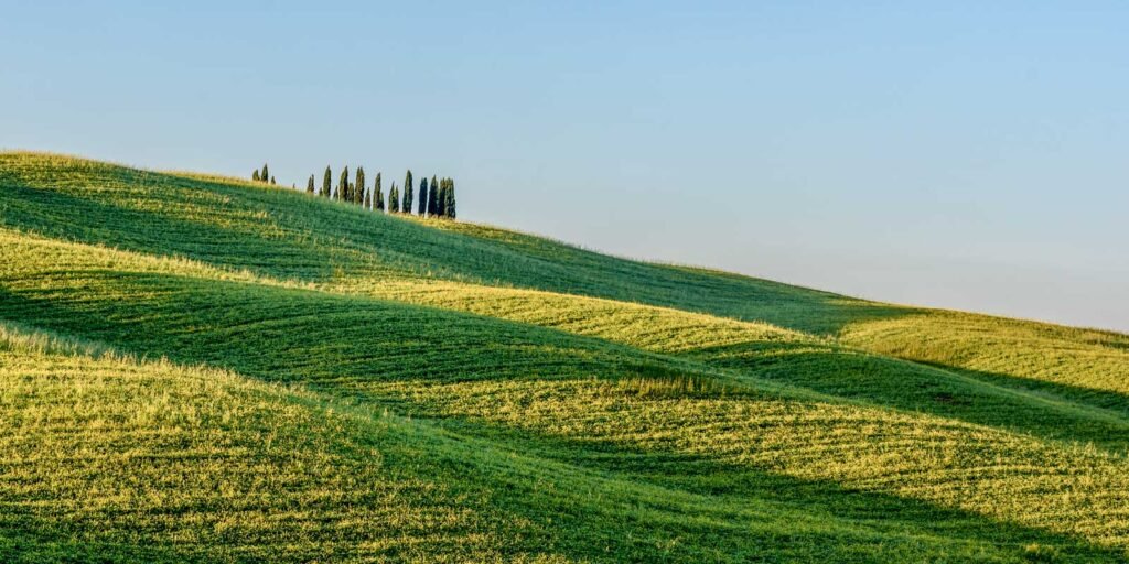 Sanfte grüne Hügel der Toskana im ersten Sonnenlicht mit langen Schattenwürfen.