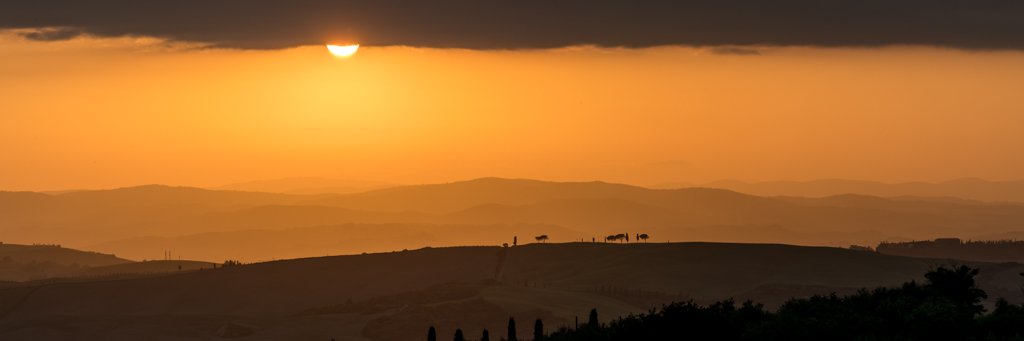 Das Wandbild Sunset zeigt einen goldenen Sonnenuntergang über den Hügeln der Toskana im extremen Panorama-Format 3:1.