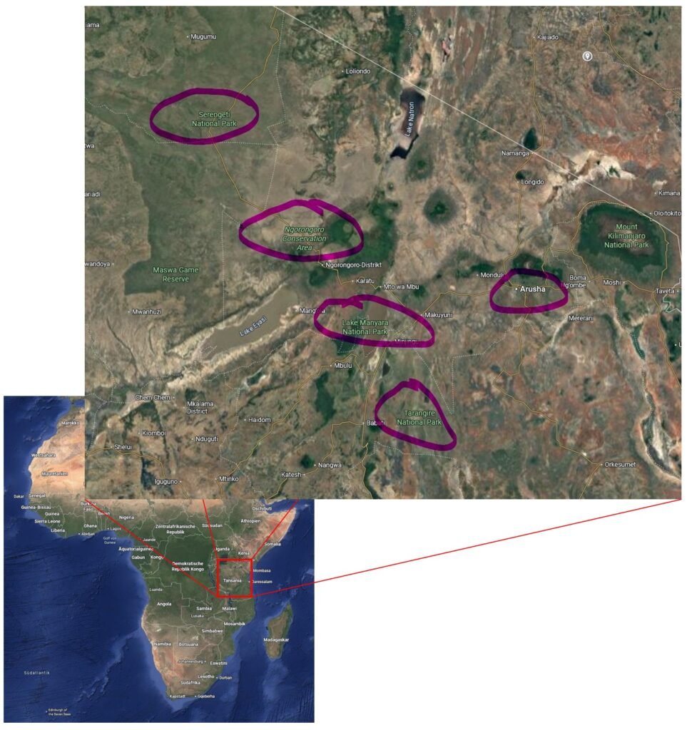 Übersichtskarte der geplanten Fotosafari in Tansania mit allen Orten, die im Rahmen der Safari angefahren werden