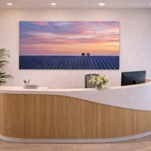 Das Wandbild 2 Bäume am Abend im Panorama-Format als beruhigender und professioneller Blickfang hinter dem Tresen in einem ärztlichen Empfangsbereich.