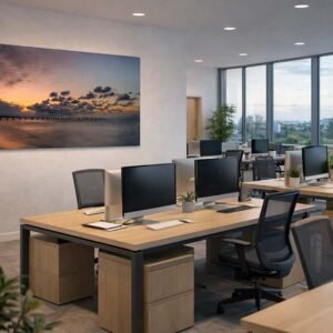 Abend in Zingst Das Panorama-Wandbild Abend in Zingst in einem modern eingerichteten Großraumbüro für eine angenehme Arbeitsatmosphäre.