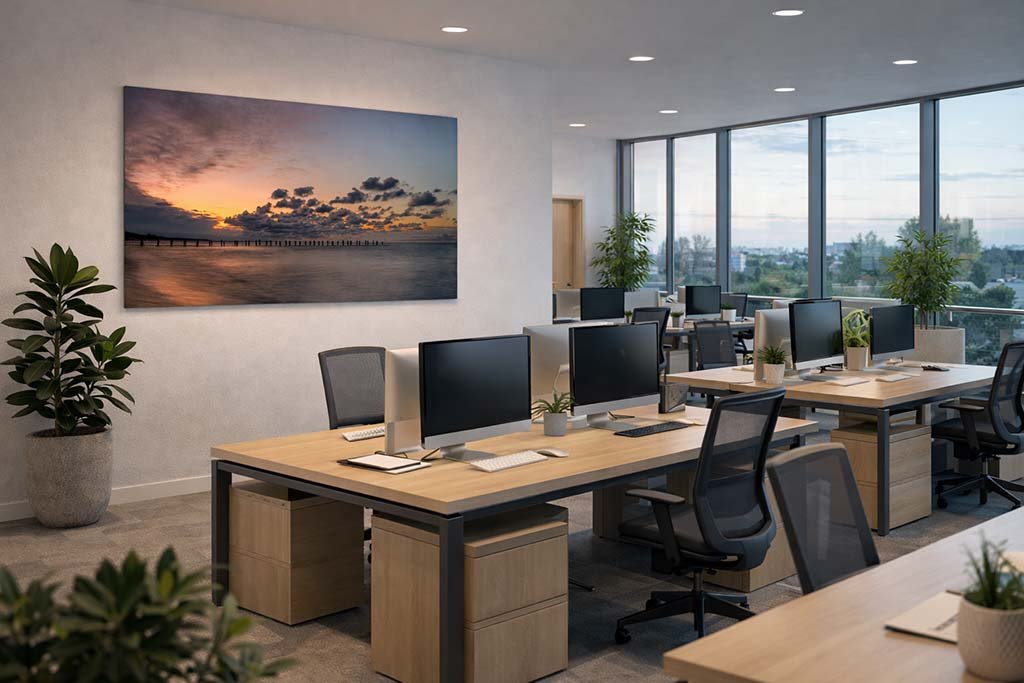 Das Panorama-Wandbild Abend in Zingst in einem modern eingerichteten Großraumbüro für eine angenehme Arbeitsatmosphäre.