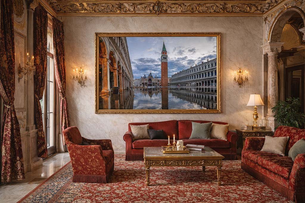 Das Wandbild Acqua Alta im 3:2 Format fügt sich prachtvoll in das historische Ambiente eines venezianischen Palazzo ein.