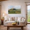 Das Panorama-Wandbild Agriturismo A Terrapille im Format 2:1 über einer Couch im Wohnzimmer für ein warmes Ambiente.