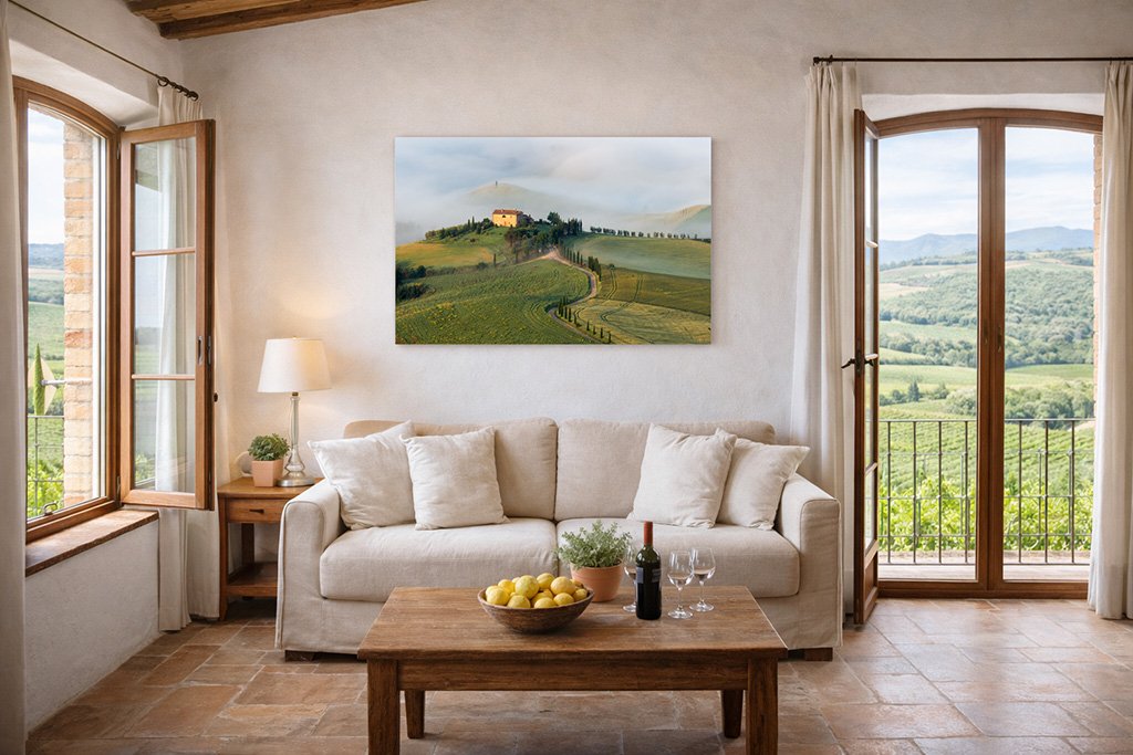 Das Panorama-Wandbild Agriturismo A Terrapille im Format 2:1 über einer Couch im Wohnzimmer für ein warmes Ambiente.