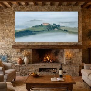 Das Wandbild Agriturismo A Terrapille im Nebel als weites 2:1 Panorama in einem authentisch eingerichteten toskanischen Landhaus-Wohnzimmer