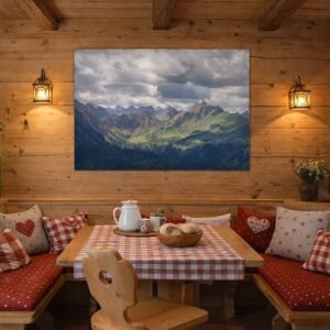 Das Wandbild Allgäuer Alpen im 3:2 Format als authentisches und majestätisches Dekorationselement an einer Holzwand in einer gemütlichen Berghütte.