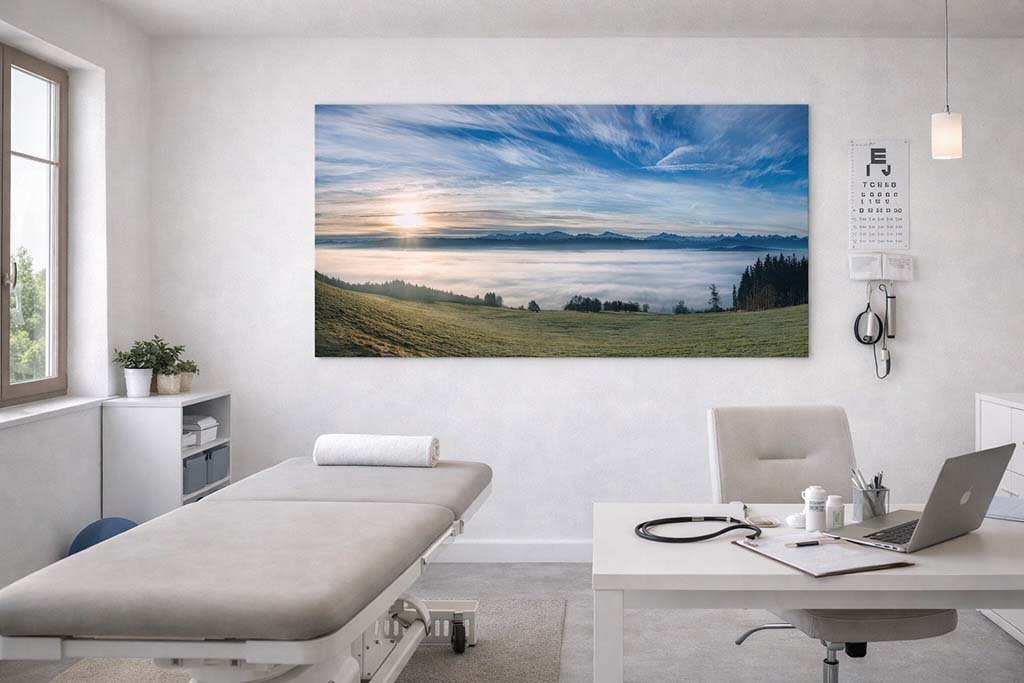 Das Wandbild Allgäuer Alpenblick im 2:1 Panorama-Format als raumöffnendes und beruhigendes Kunstwerk an der Wand eines modernen ärztlichen Behandlungszimmers.