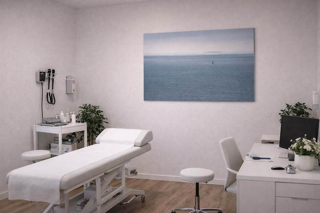Das Wandbild „Alone“ in einem modernen ärztlichen Behandlungszimmer zur Förderung einer entspannten Patientenatmosphäre.