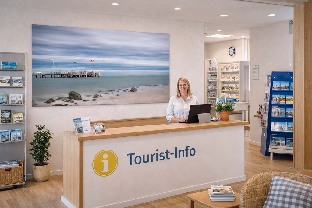 Das Wandbild Auf Föhr als großformatiges Panorama-Motiv im Empfangsbereich einer modernen Touristeninformation