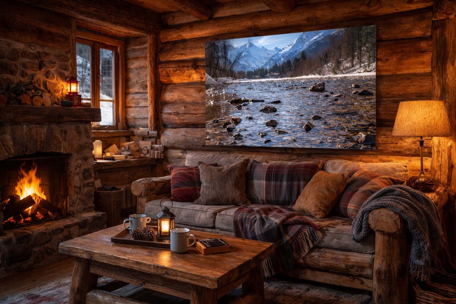 Das Wandbild Bergfluss als natürlicher Akzent an einer rustikalen Wand aus groben dunklen Holzbalken in einer Alpenhütte