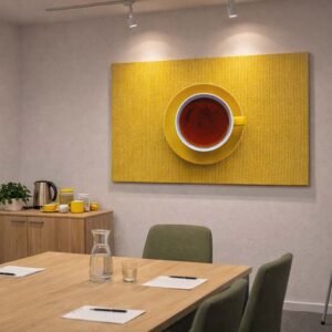 Das minimalistische Wandbild „A Cup of Tea“ in einem modernen Besprechungsraum als Symbol für Fokus und Kreativität.
