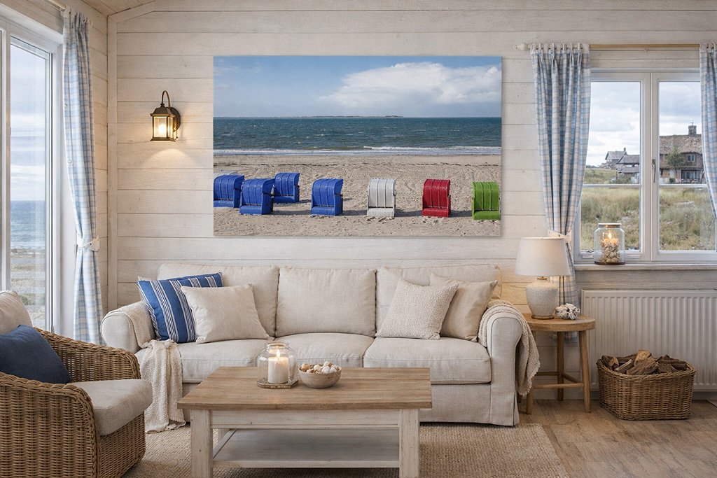 Das Wandbild Blau Weiß Rot Grün im 16:9 Panorama-Format als lebendiger und fröhlicher Farbakzent an der Wand eines modernen Wohnzimmers.