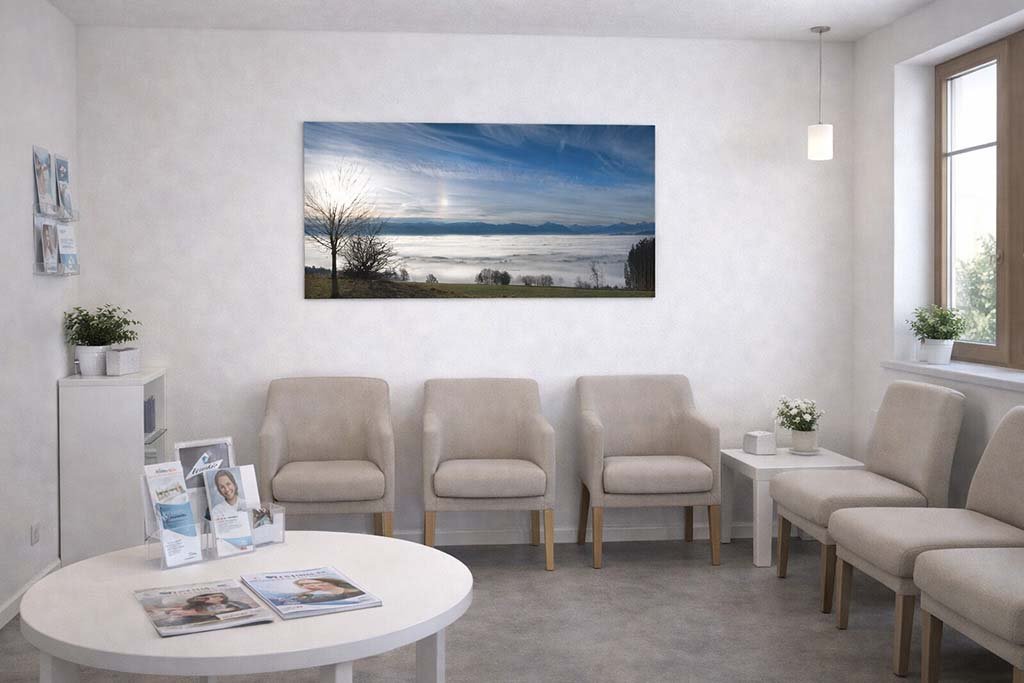 Das Wandbild Blick vom Auerberg am Morgen im 16:9 Panorama-Format als raumöffnendes und beruhigendes Kunstwerk an der Wand eines hellen Wartezimmers.