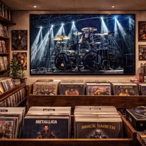 Das Wandbild Drums im Licht im 3:2 Format schafft in einem Schallplattenladen eine authentische und kraftvolle Musik-Atmosphäre über den Regalen.