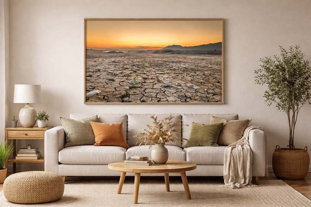 Das preisgekrönte Wandbild Forggensee Dry im 3:2 Format als tiefgründiges und ästhetisches Gestaltungselement über einer Couch in einem modernen Wohnzimmer.