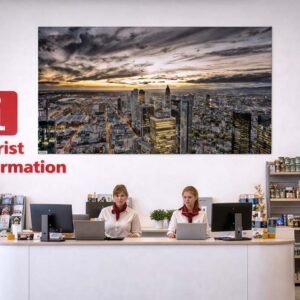 Das Panorama-Wandbild Frankfurter Abendspektakel fängt in einem Touristenbüro die beeindruckende Weite der Frankfurter Skyline perfekt ein.