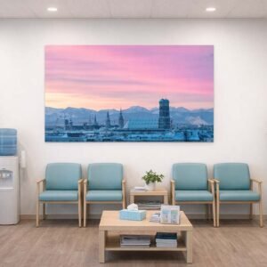 Das Wandbild Frauenkirche am Morgen im Panorama-Format verleiht einem ärztlichen Wartezimmer durch seine sanften Farben eine beruhigende Atmosphäre.