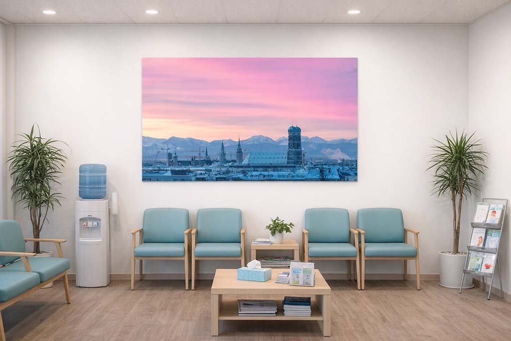 Das Wandbild Frauenkirche am Morgen im Panorama-Format verleiht einem ärztlichen Wartezimmer durch seine sanften Farben eine beruhigende Atmosphäre.