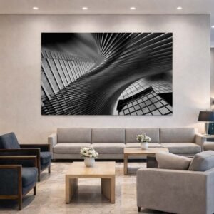 From Underneath Das Wandbild From Underneath im 3:2 Format verleiht einer modernen Hotellobby durch seine dynamischen Linien eine exklusive und künstlerische Atmosphäre. Untertitel: Raumbeispiel: Die kraftvolle Ästhetik von From Underneath setzt ein